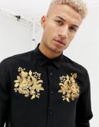 Asos Design Regular Fit Shirt With Gold Embroidery - Black
