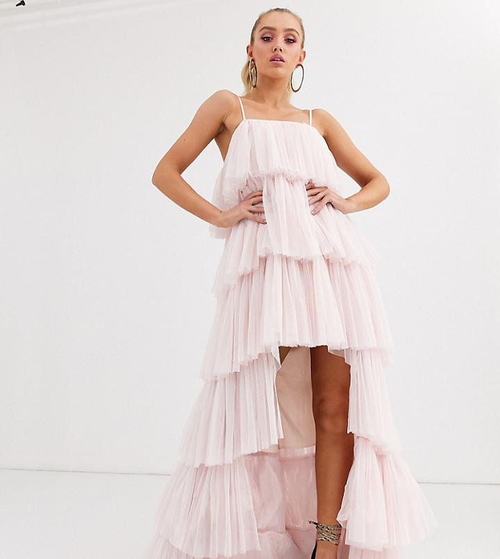 Lace & Beads Tiered High Low Cami Dress In Powder Pink