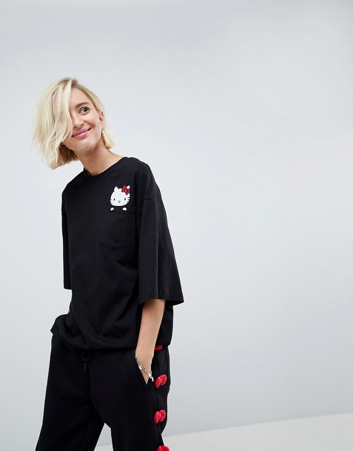 Hello Kitty X Asos Oversized T-shirt With Peeping Motif - Black