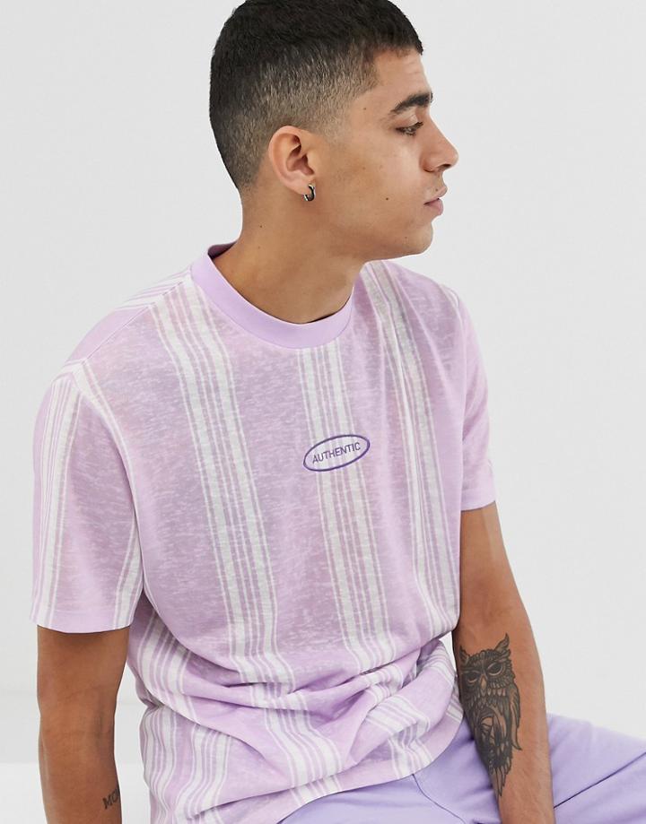 Asos Design Relaxed T-shirt With Textured Stripe And Chest Embroidery-white