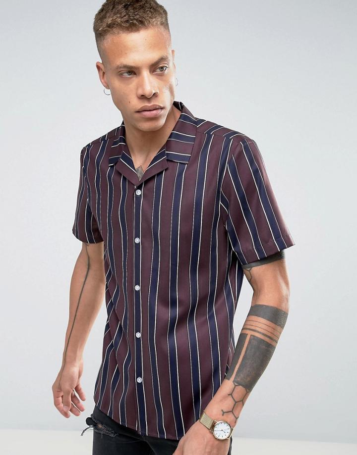 Asos Regular Fit Stripe Shirt With Revere Collar - Red