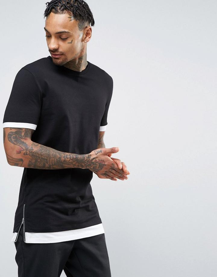 Asos Longline Muscle T-shirt With Contrast Cuff And Hem And Side Zips In Black/white - Black