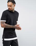 Asos Longline Muscle T-shirt With Contrast Cuff And Hem And Side Zips In Black/white - Black