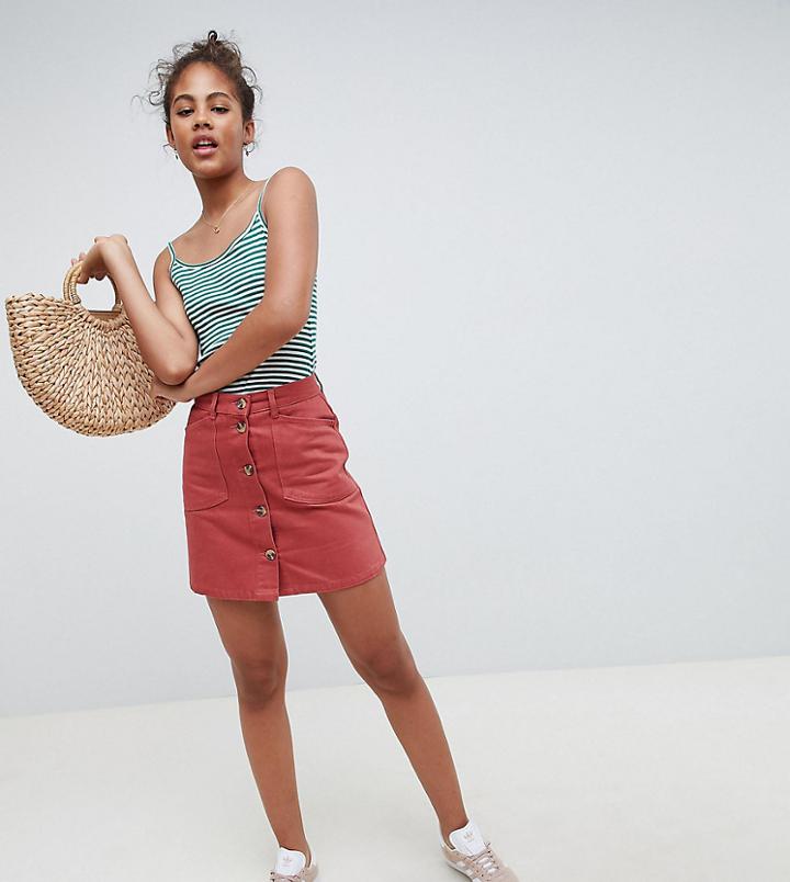Asos Design Tall Denim Button Through Skirt In Rust With Tortoiseshell Buttons - Orange