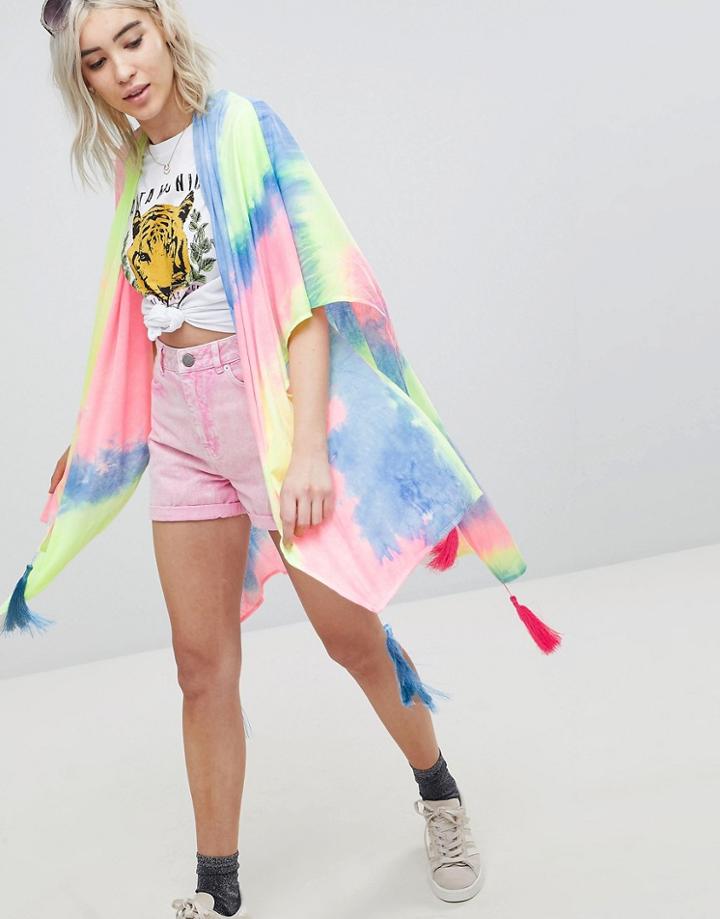 Asos Tie Dye Kimono Cape With Tassels - Multi