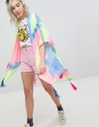 Asos Tie Dye Kimono Cape With Tassels - Multi