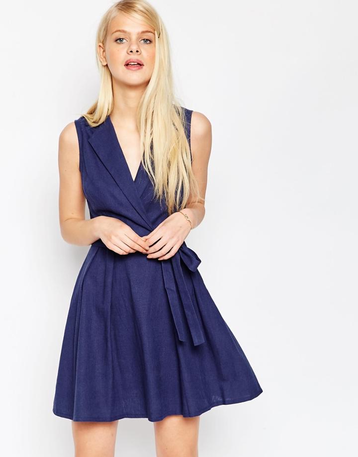 Asos Sleeveless Linen Mini Shirt Dress With Belt - Navy