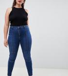 Asos Design Curve Ridley High Waist Skinny Jeans With Circular Moto Knee Detail In Dark Wash Blue - Blue