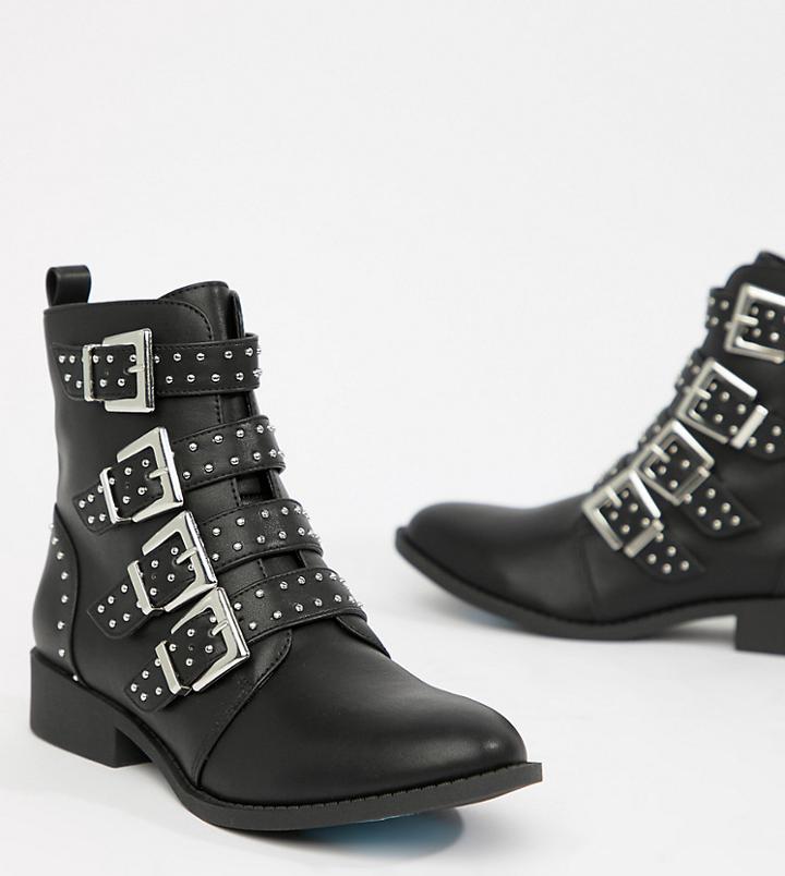 Qupid Studded Flat Ankle Boots - Black