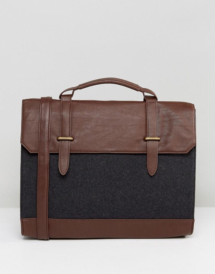 Asos Satchel In Brown Faux Leather And Melton - Brown