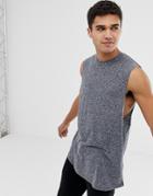 Asos Design Relaxed Longline Sleeveless T-shirt With Curved Hem In Gray Interest Fabric