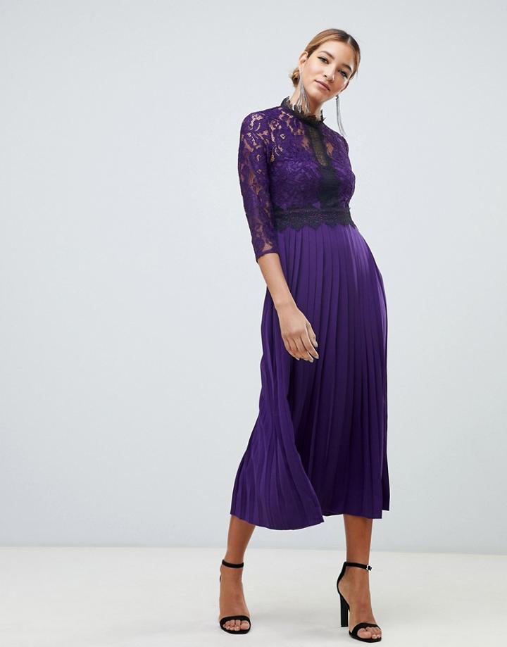 Little Mistress Contrast Lace Prom Skater Midi Dress In Purple