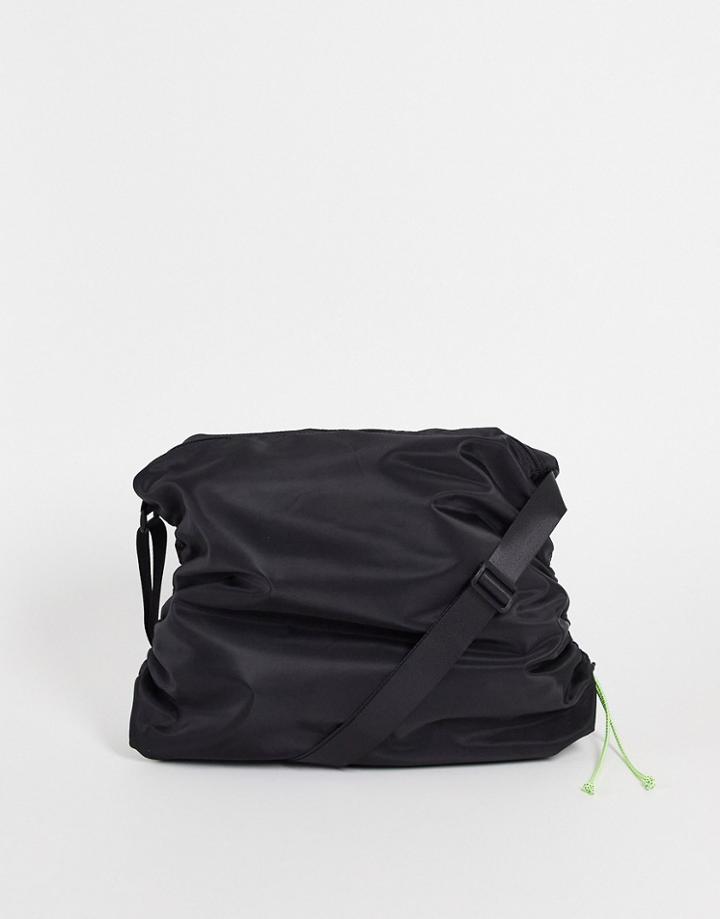 Asos Design Cross Body Bag In Black Nylon With Ruched Sides And Contrast Details