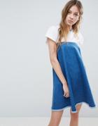 Asos Denim Strapless Dress With Raw Hem In Mid Wash Blue - Blue