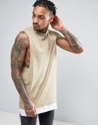 Asos Super Longline Sleeveless T-shirt With Contrast Raw Edge Hem - Beige