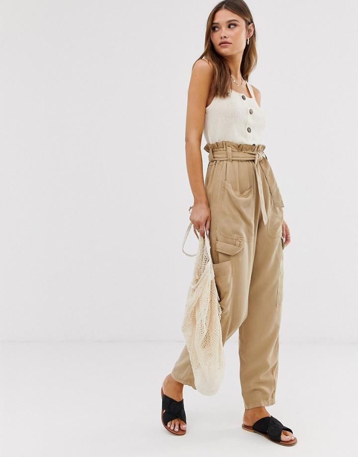 Stradivarius Str Paperbag Parachute Pants In Beige - Beige