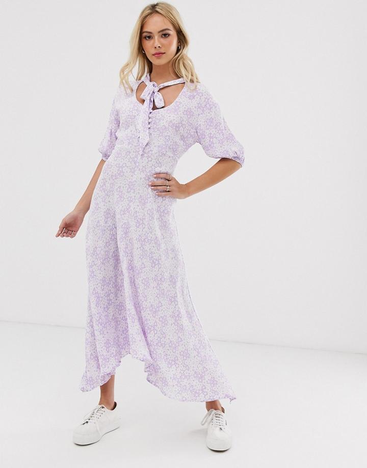 Ghost Hanky Hem Floral Midi Dress With Button Front And Tie Neck - Purple