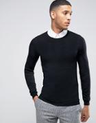 Asos Merino Crew Sweater In Muscle Fit - Black