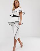 Asos Design Halter Ruffle Peplum Midi Dress With Tipping Detail-white