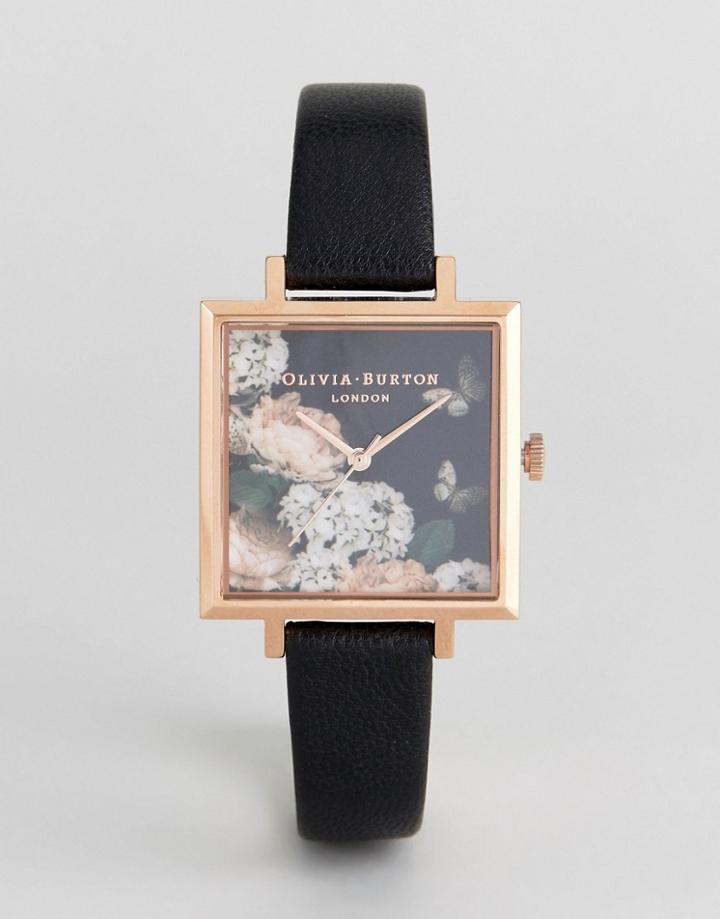 Olivia Burton Ob16wg27 Floral Square Leather Watch In Black - Black