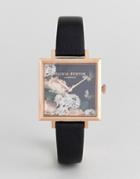 Olivia Burton Ob16wg27 Floral Square Leather Watch In Black - Black