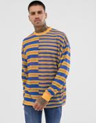 Asos Design Oversized Longline Long Sleeve T-shirt In Linen Look Splice Stripe