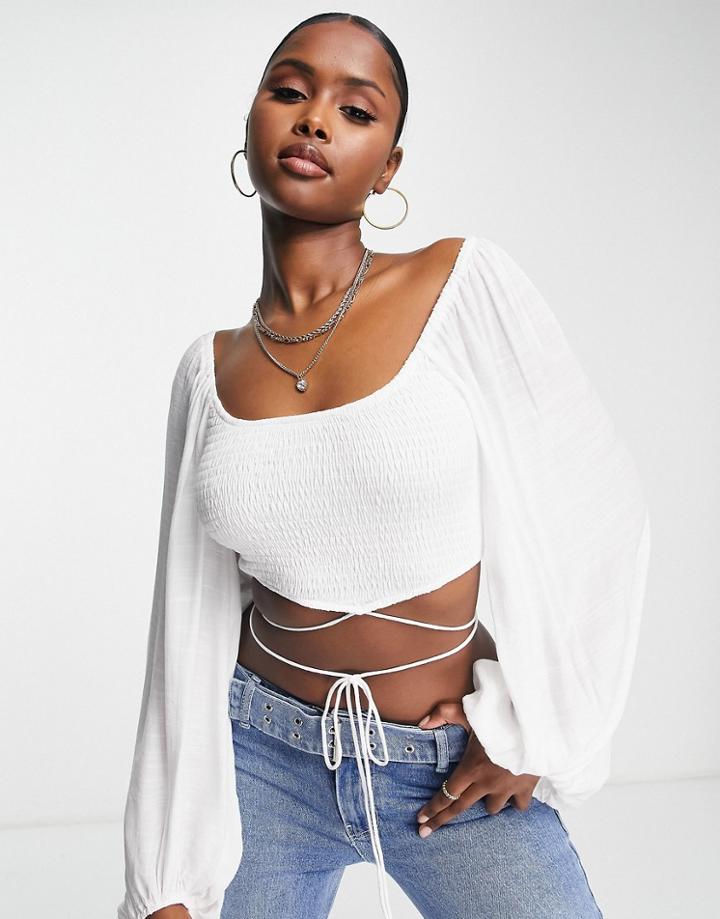 Parallel Lines Crop Top With Strap Detail And Volume Sleeve In White