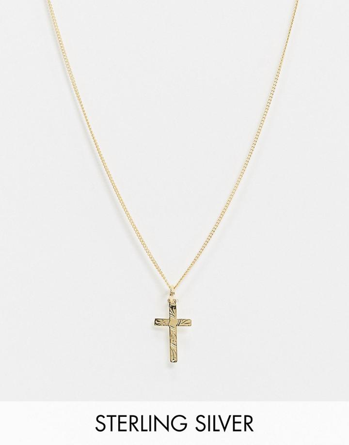 Asos Design Sterling Silver Cross Pendant Necklace In 14k Gold Plate