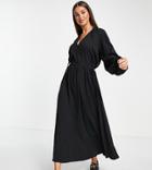 Asos Design Tall Textured Midi Smock Dress With Drawstring Detail In Black
