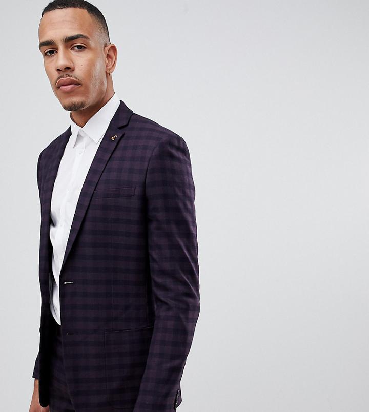 Farah Hurstleigh Skinny Fit Check Suit Jacket In Burgundy - Red