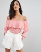 Influence Ruffle Front Layered Sleeve Bardot Top - Pink