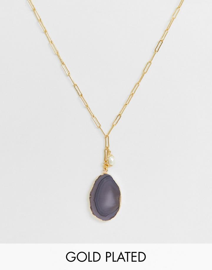 Asos Design Premium Gold Plated Necklace In Hardware Chain With Semi-precious Agate Stone Pendant
