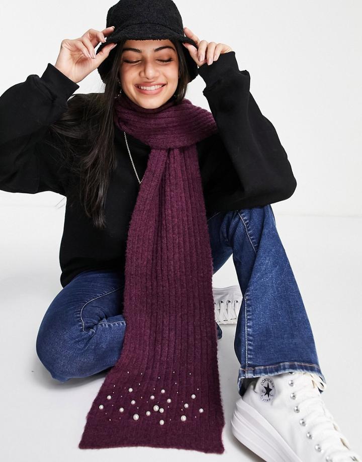Boardmans Knitted Crystal Pearl Scarf In Berry-red