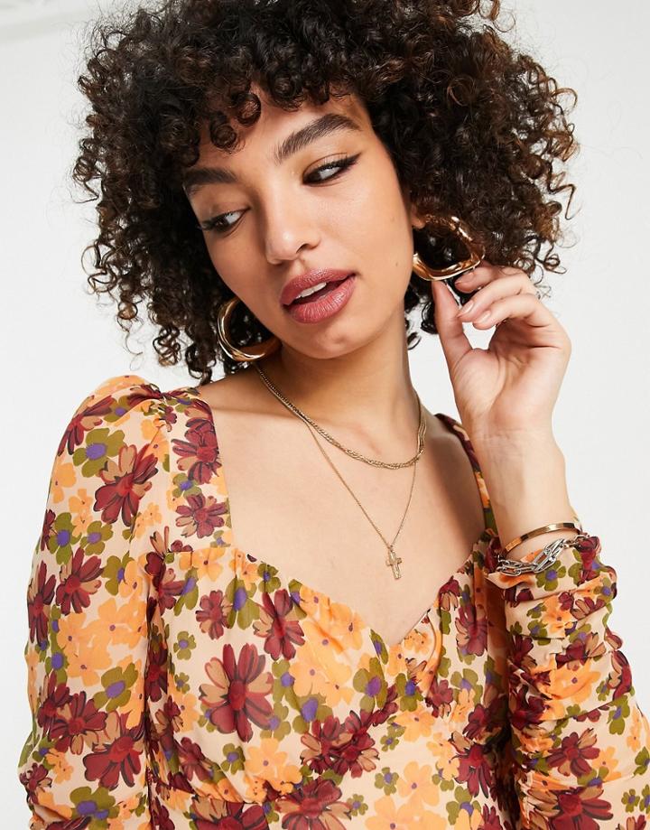 Asos Design Sweetheart Neck Ruched Midi Tea Dress In Floral Print-multi