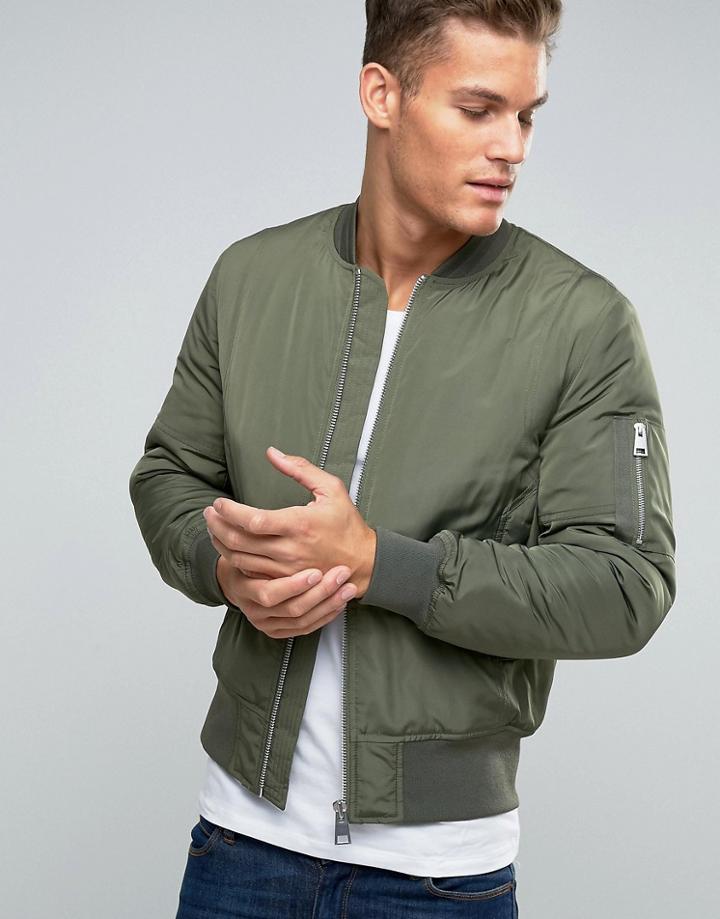 Asos Bomber Jacket With Ma1 Pocket In Khaki - Green