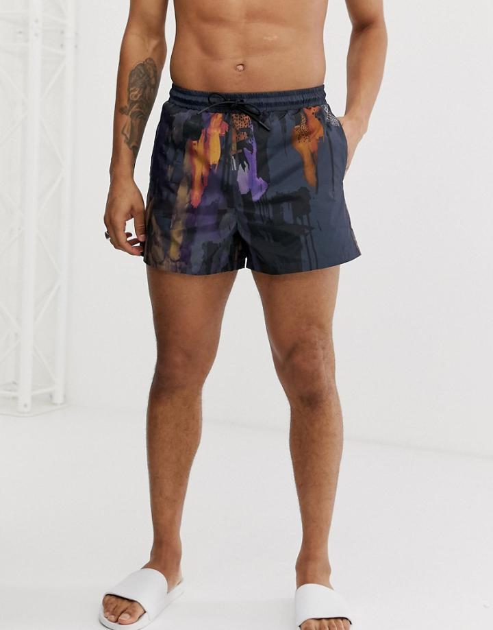 Asos White Swim Shorts In Abstract Print - Navy