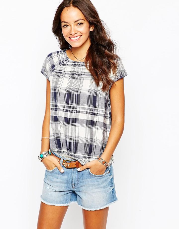 Esprit Check Print Woven Top - 400 Navy