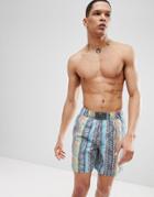 Asos Swim Shorts In Geo Print Acid Wash With Gimmee A Break Badge In Mid Length - Gray