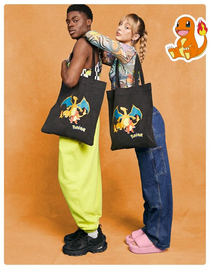 Asos Design Unisex Pokemon Cotton Tote Bag With Charmander Evolution Print In Washed Black