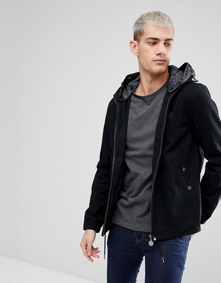 Pretty Green Cotton Sevenoaks Jacket With Printed Paisley Hood In Black - Black