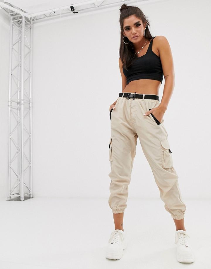 Qed London Elasticated Cuff Cargo Pants In Stone - Stone