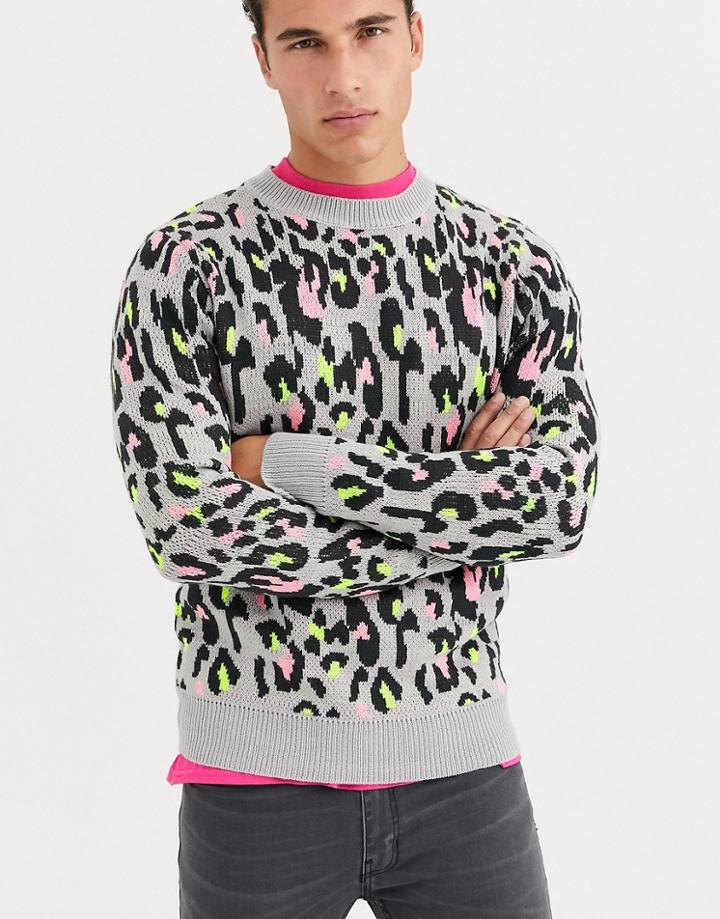 Brave Soul Animal Print Crew Neck Sweater-gray