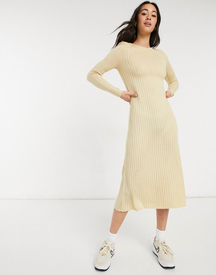 Asos Design Ribbed Maxi Dress With Shoulder Pads And Relaxed Hem-neutral