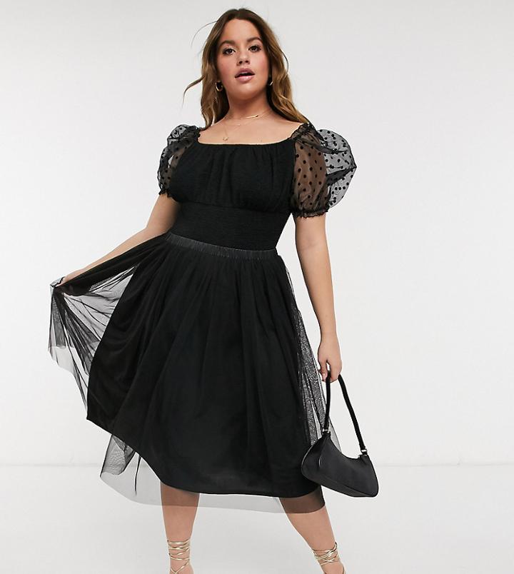 Lace & Beads Plus Tulle Midi Skirt In Black