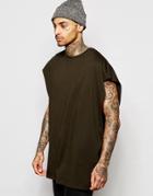 Asos Super Oversized Sleeveless T-shirt With Dropped Armhole And Raw Edge In Green - Hunter Green
