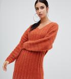 Missguided V Neck Fluffy Knitted Sweater Dress - Brown