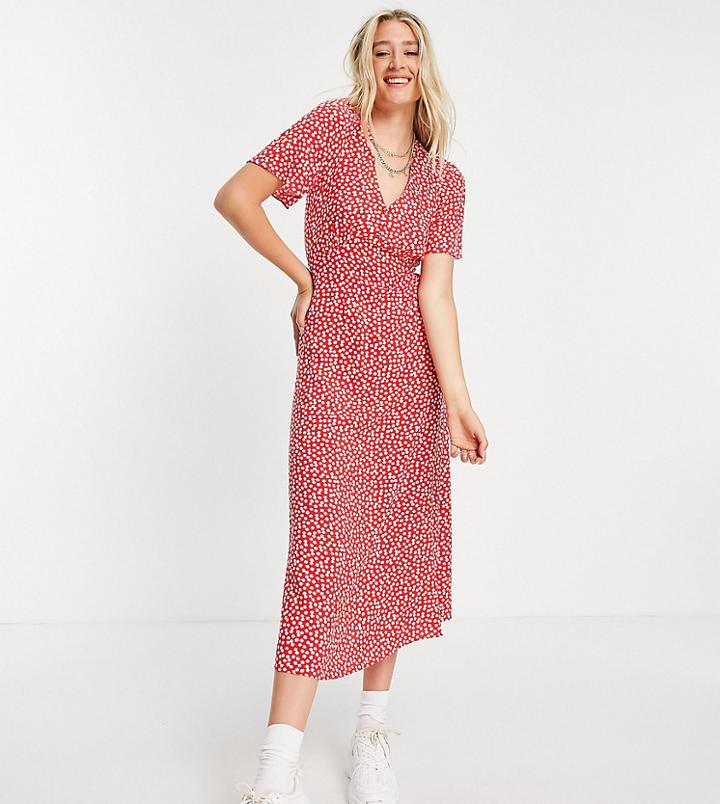 New Look Tall Flutter Sleeve Drop Hem Midi Dress In Pink Pattern