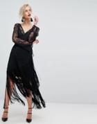 Asos Lace Deep Plunge Fringe Wrap Midi Dress - Black