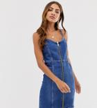 River Island Denim Mini Dress With Zip Through In Mid Wash - Blue