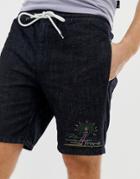 Asos Design Loose Fit Denim Short In Indigo With Embroidery - Black